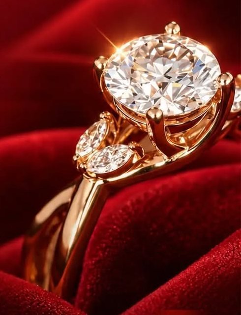 Solitaire diamond ring in gold on red velvet