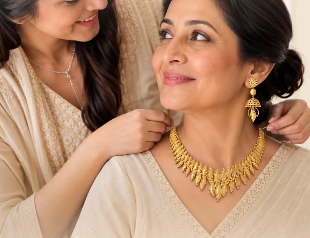 Daughter fastening a gold necklace on her mother