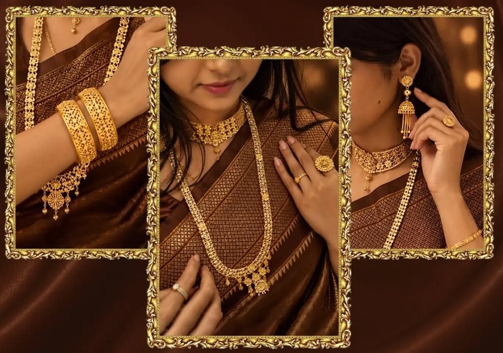 One outfit styled three ways with gold bangles, haar, choker and jhumkas
